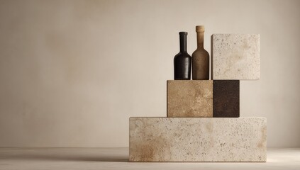 Two dark and light glass bottles rest atop a beige and brown stone cube arrangement against a muted beige wall