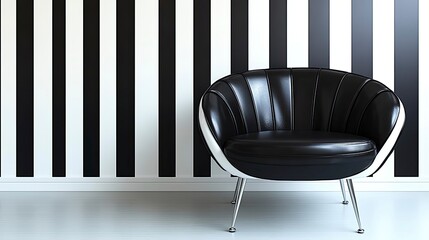 Sleek Black Leather Chair Against Bold Striped Wall, Modern Interior Design