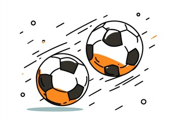 Two soccer balls, outlined in black with orange accents, dynamically depicted in motion against a white background, with speed lines suggesting rapid movement and small scattered circles adding
