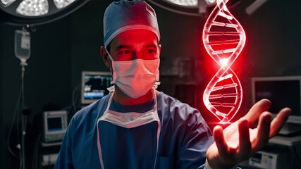 Futuristic surgeon in a high-tech operating room holding a glowing red DNA helix, symbolizing advances in genetic engineering and biotechnology - Powered by Adobe