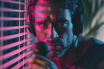 Man with headphones spying through blinds, trying to listen and eavesdrop on a target