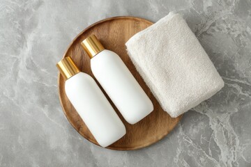 Two white bottles with gold caps rest on a round wooden tray alongside a fluffy off-white towel, all atop a mottled gray surface