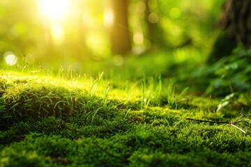 Forest with moss and grass sunlight vegetation grassland.