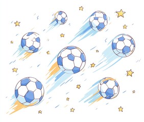 Whimsical illustration of soccer balls streaking across a light blue and orange background, interspersed with small yellow stars, suggesting speed and movement