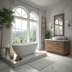 Luxurious Elegant Minimalist Bathroom Interior with White Bathtub, Marble Platform, and Wooden Vanity, Ai Generated