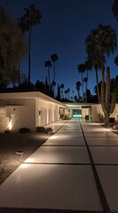 Fototapeta premium A paved walkway at night, illuminated by outdoor lights, leads to a modern, light-colored house.