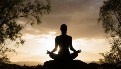 Yoga day concept. Silhouette of a person meditating at sunset surrounded by nature.