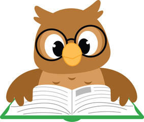 cute owl cartoon with eye glasses reading book at class, smart owl with book, happy owl character learning at school illustration