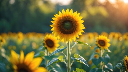 Fototapeta premium Sunflower field during sunset with vibrant yellow flowers, green leaves, and warm lighting. Nature and agriculture, concept. The beauty of sunflowers and sunset scenery.