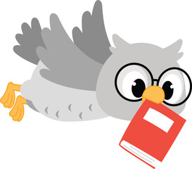 cute owl cartoon with eye glasses flying, happy owl character fly to school with book on its mouth illustration
