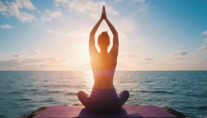 Yoga day concept. Peaceful yoga practice by the sea at sunset.