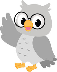 cute owl cartoon with eye glasses greeting, smart owl mascot raise wing to presenting, happy owl character waving hand illustration