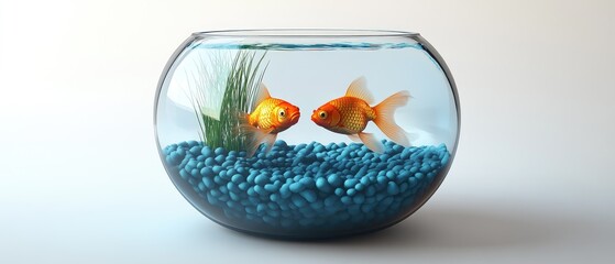 Two Goldfish in a Glass Bowl, Blue Pebbles, Aquatic Life, Minimalist Design.