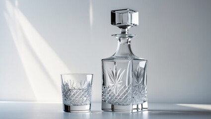 A crystal decanter and glass set with intricate cut patterns, placed on a reflective surface with soft lighting.