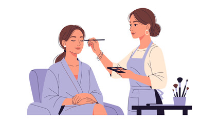 Professional makeup artist applying eye makeup to a client in a salon setting with brushes and palette