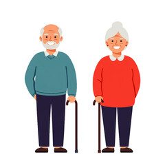 Happy Senior Couple With Walking Sticks Flat Vector Illustration