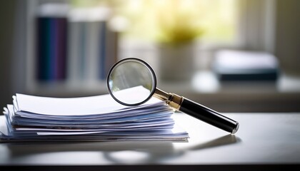 a magnifying glass rests over a neat stack of papers on a clean minimalist desk symbolizing close scrutiny or detailed examination with ample space for copy and a softly blurred background