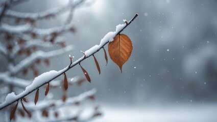A branch with snow and fallen leaves in winter, with snowflakes falling and a blurred background.