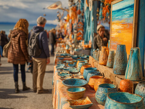 Colorful craft fair stalls at Half Moon Bay Pumpkin Festival, California. Local artists showcase handmade ceramics, paintings, and autumn decorations. 