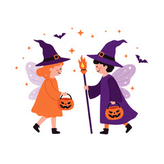 Halloween Kids in Witch Costumes Trick or Treating Vector