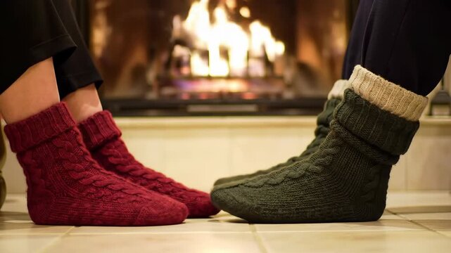 Warm Knitted Slippers by a Blazing Fireplace, Evoking Cozy Winter Comfort.