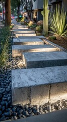 A pathway of large, light-toned concrete blocks, illuminated by subtle lighting, winds through a landscaped urban setting.