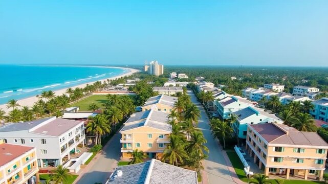 Aerial view of Sunset Town in Phu Quoc, Vietnam, showcasing pastel-colored European-style buildings, beach, and palm trees under a clear blue sky.