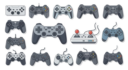 Assortment of Various Video Game Controllers, Isolated on White.