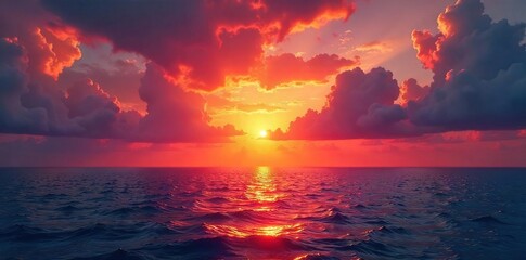 Spectacular fiery sunset over the vast ocean, reflecting vibrant oranges, reds, and purples on the tranquil water Clouds paint a dramatic backdrop to this breathtaking scene , colors, gradation