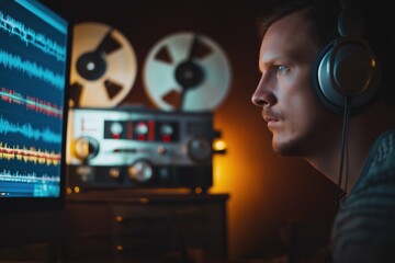 Sound engineer trying to listen and eavesdrop on audio using headphones and a computer