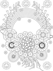 Beautiful floral rainbow coloring page for relaxing creative fun and stress relief white background