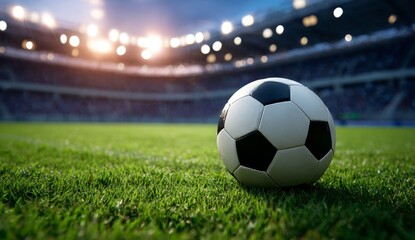 Fototapeta premium Soccer Ball on Green Grass Field in Stadium with Bright Lights