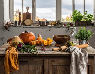 An Abundance of Autumn's Harvest in a Rustic Kitchen