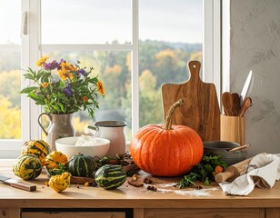 Rustic Kitchen Counter Prepared for Autumn Holiday Baking