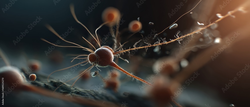Poster microscopic view of neuron cells with axons and dendrites, depicting neural network and brain activi