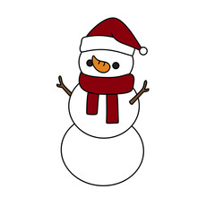 A cartoon snowman with a red scarf and a santa hat