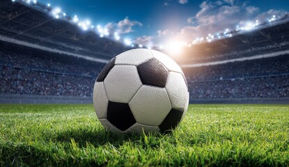 Soccer Ball on Green Grass Field in Large Stadium Under Bright Lights