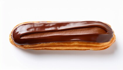 single chocolate eclair isolated on pure white background for culinary and food photography needs