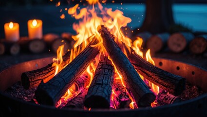 A campfire with burning logs in a fire pit at night, surrounded by candles and logs in the background.