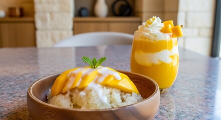 A delicious mango sticky rice dessert and mango shake for an enjoyable treat, A popular Thai dessert of mango sticky rice with a refreshing mango shake on a table