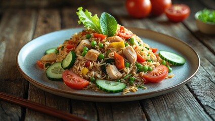 Plate of fried rice with vegetables and mushrooms, garnished with cucumber and tomato slices, served on a rustic wooden table.