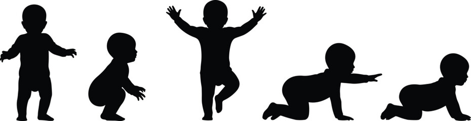 Baby, various poses, vector illustration, black and white, silhouettes, child, graphics, crawling, standing, walking, squatting, icon, development, growth, shadow, form,