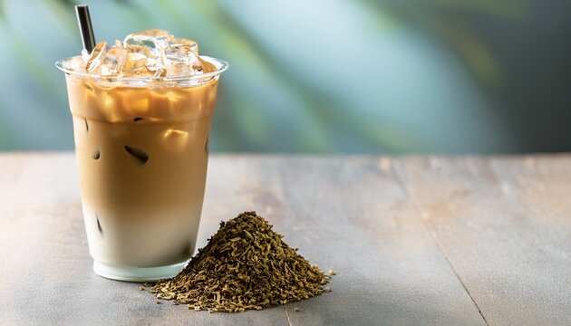 iced hojicha latte with a pile of hojicha tea leaves on the side space for copy
