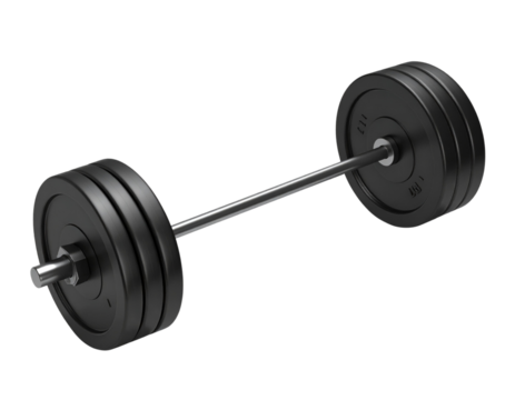 Shiny workout barbell with black fitness plates fully visible isolated on transparent background PNG
