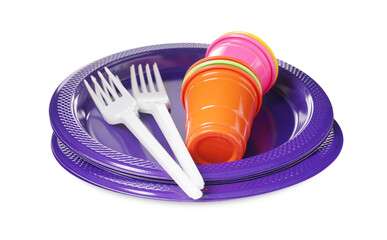 Set of disposable plastic dishware isolated on white