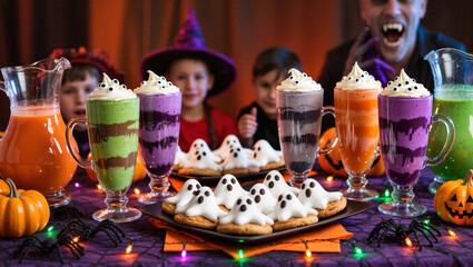 Children in Halloween costumes enjoy a festive party table filled with colorful drinks, ghost-shaped cookies, pumpkins, and spooky decorations, creating a fun seasonal celebration.