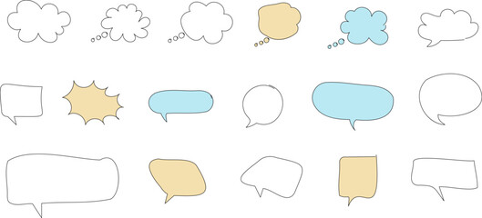 Set of blank speech bubble in flat design, chatting box, message box icon. Balloon doodle style of thinking sign symbol. Speech bubble isolated on background.