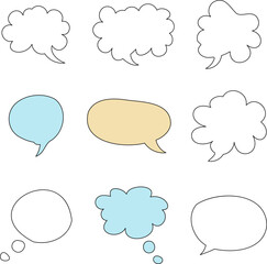 Set of blank speech bubble in flat design, chatting box, message box icon. Balloon doodle style of thinking sign symbol. Speech bubble isolated on background.