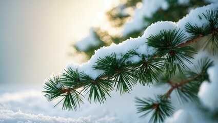 Snow-covered pine branch in winter with sunlight in the background. Nature and seasonal scene. Forest and flora. The beauty of winter landscapes.