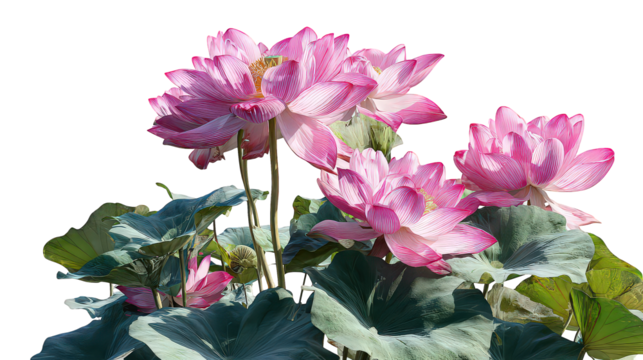 Pink and White Lotus Blossoms with Green Leaves on Transparent Background - Powered by Adobe